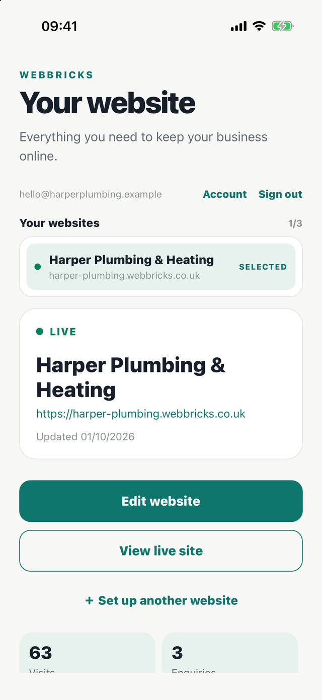The Webbricks app dashboard for an example plumbing business, with its live website address