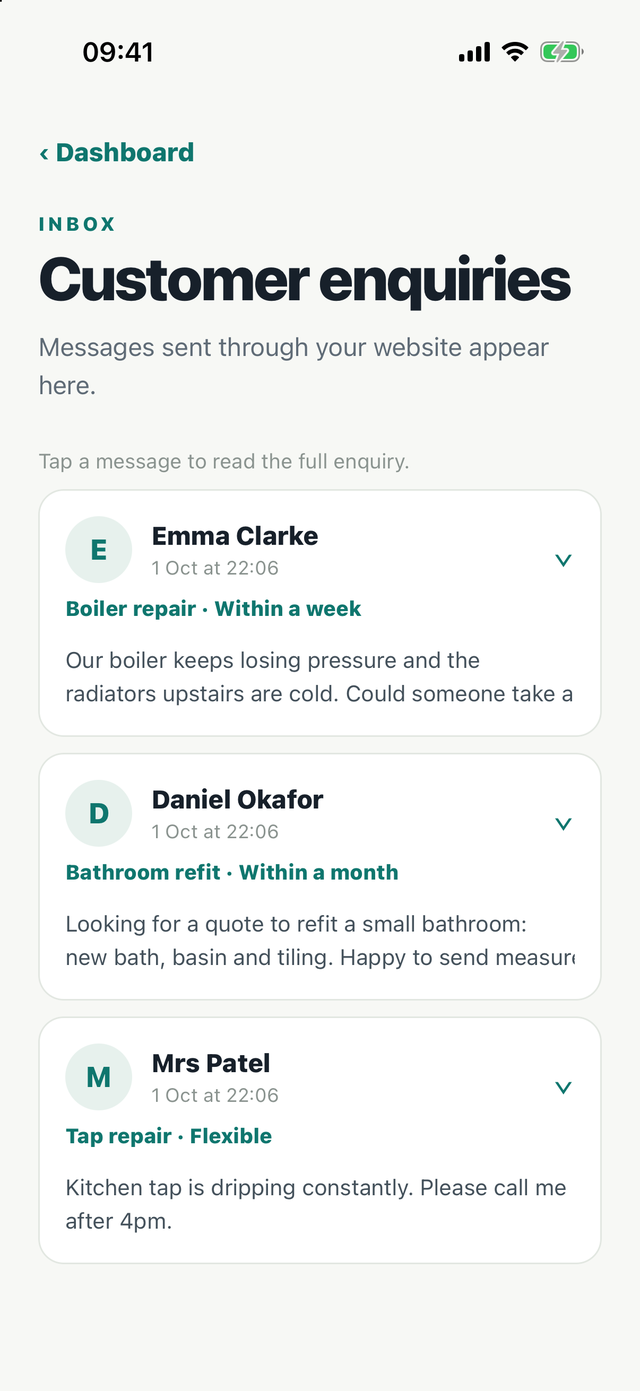 Customer enquiries in the Webbricks app, showing a boiler repair and a bathroom refit request