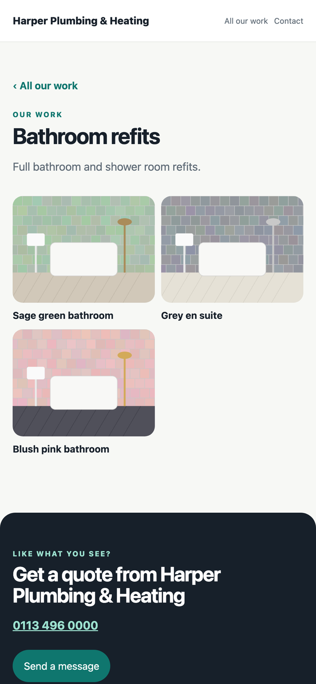 An example photo album page showing bathroom refits, with a button to get a quote