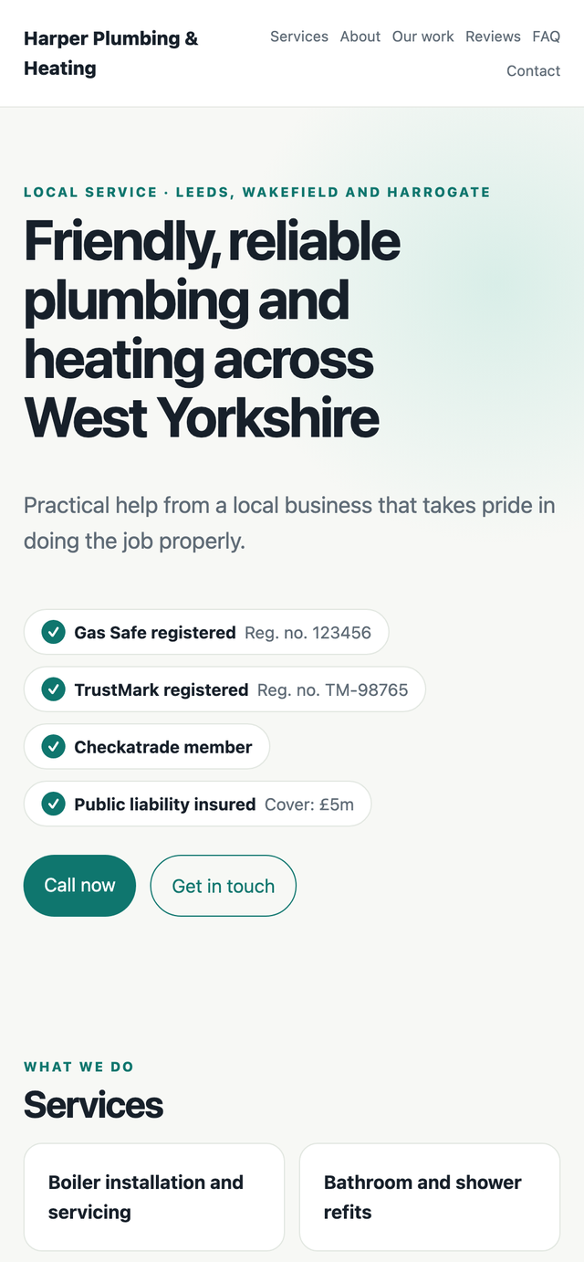 An example business website home page with a headline, accreditation badges and a list of services